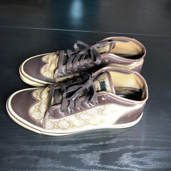 Gucci GG Wingtip Canvas High Top Sneakers Beige Brown 163236 9G Men’s US 10 - Picture 4 of 11